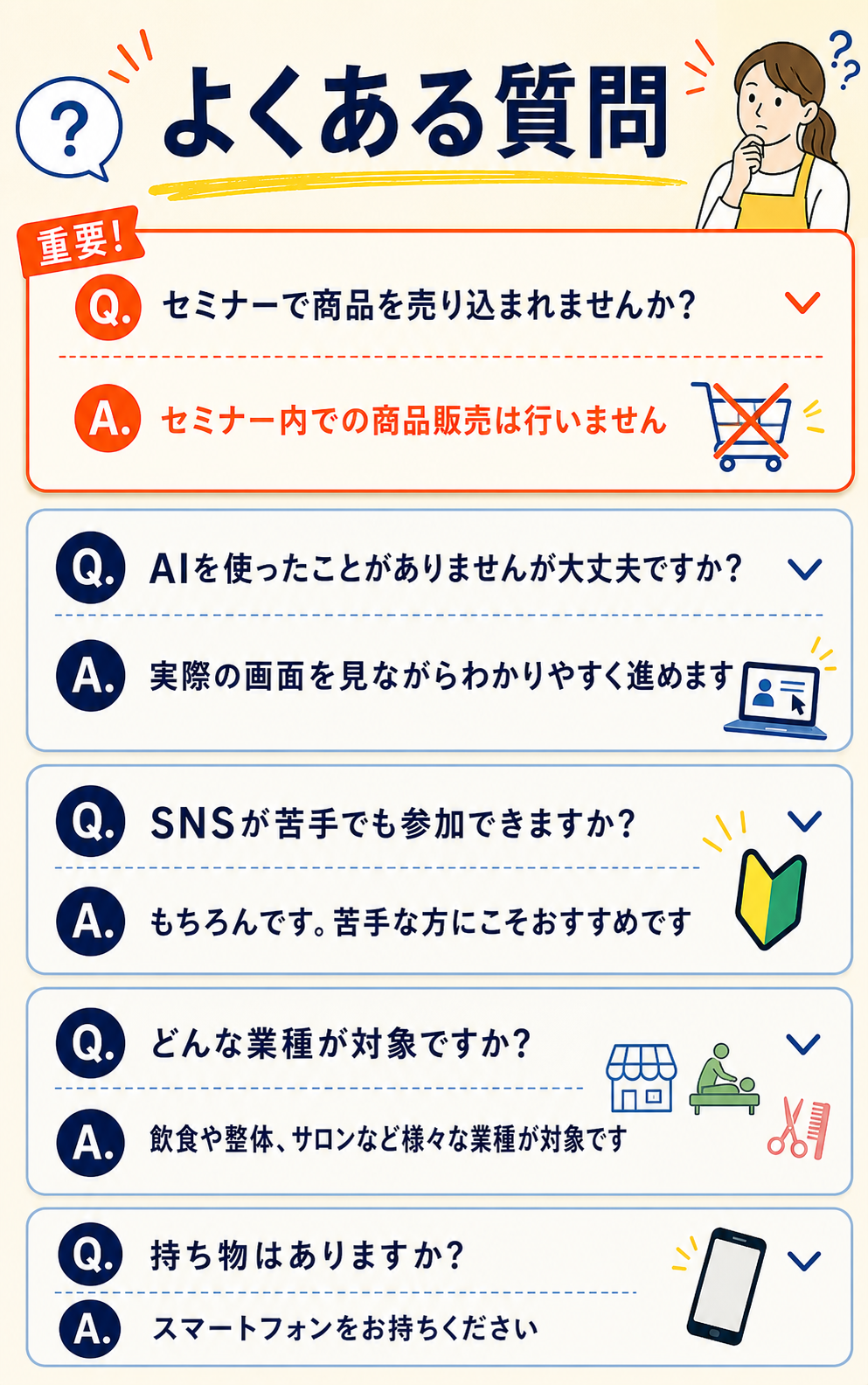 よくある質問。商品販売は行わないこと、AI初心者やSNSが苦手な方も参加できること、対象業種など。